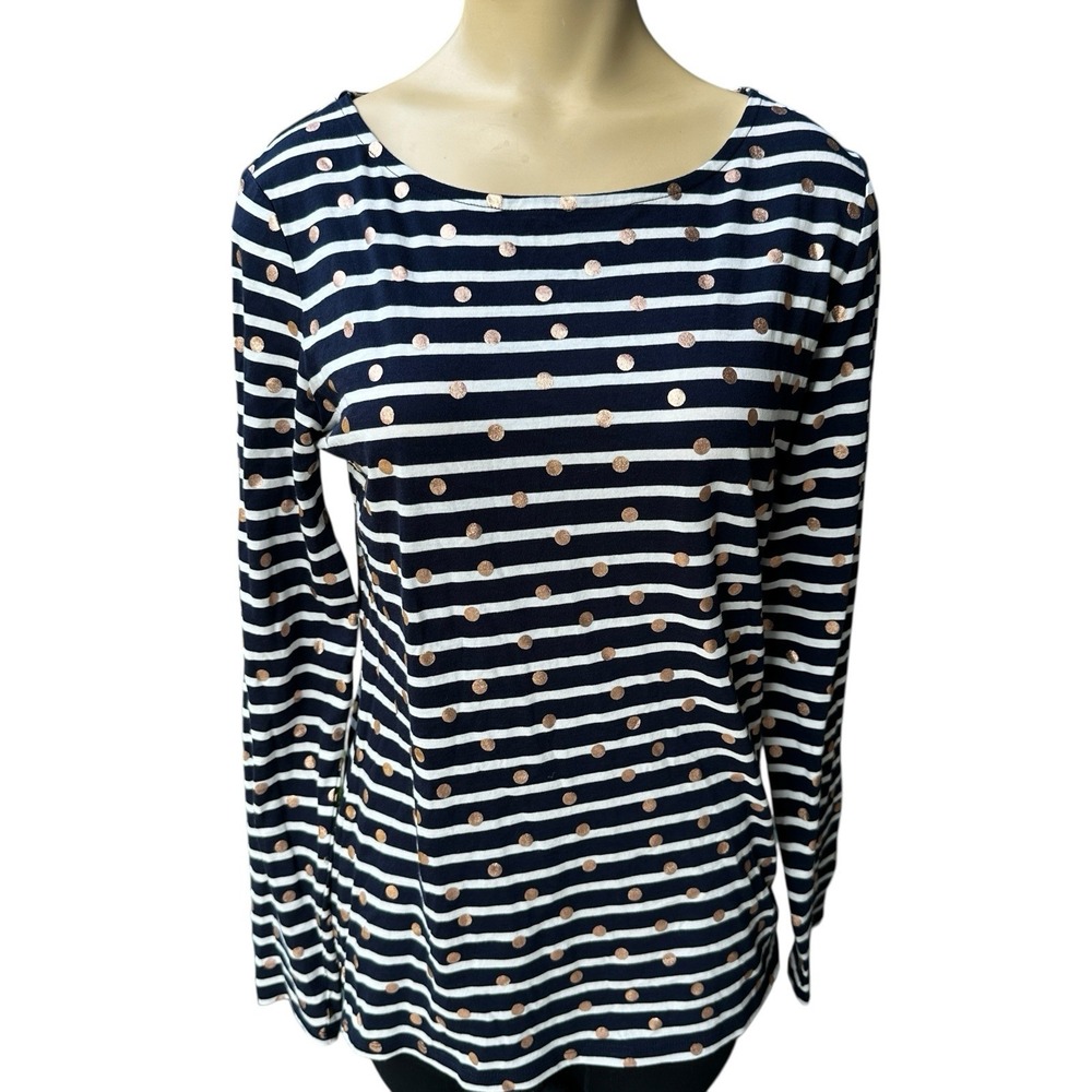 Boden Top Women's Size 6 Navy Blue Striped Polka Dot Crew Neck Tee Casual EUC